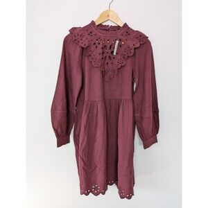 Madewell Cutout Eyelet Ruffle Boho Flannel Mini Dress Burgundy Pockets SZ XXS